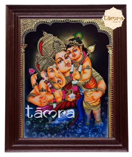 Tanjore Painting Ganesha With Parvathi & Muruganswamy