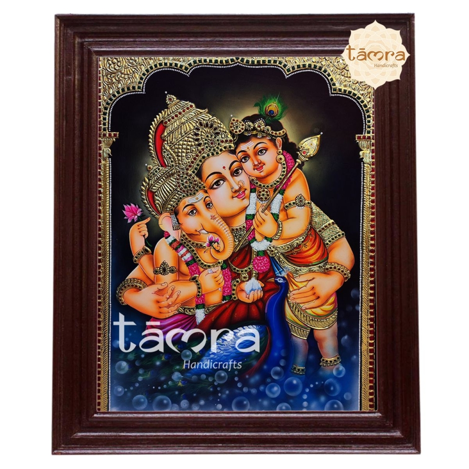 Tanjore Painting Ganesha With Parvathi & Muruganswamy