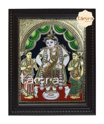 Krishna With Rukmini And Satyabhama Tanjore Painting