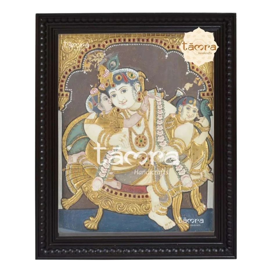 Krishna With Rukmini And Satyabhama Tanjore Painting