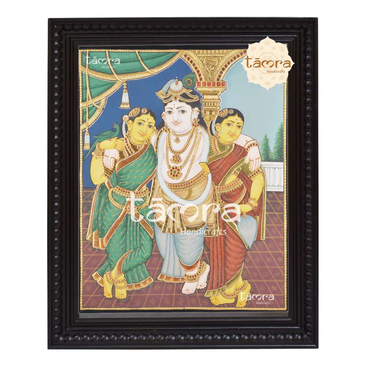 Krishna With Rukmini And Satyabhama Tanjore Painting