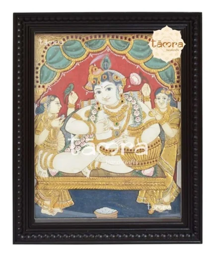 Krishna With Rukmini And Satyabhama Tanjore Painting