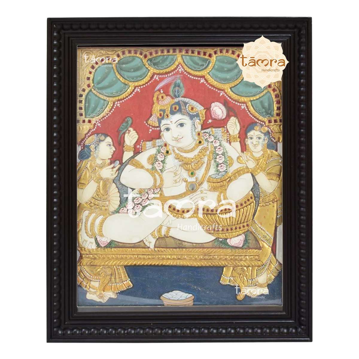 Krishna With Rukmini And Satyabhama Tanjore Painting