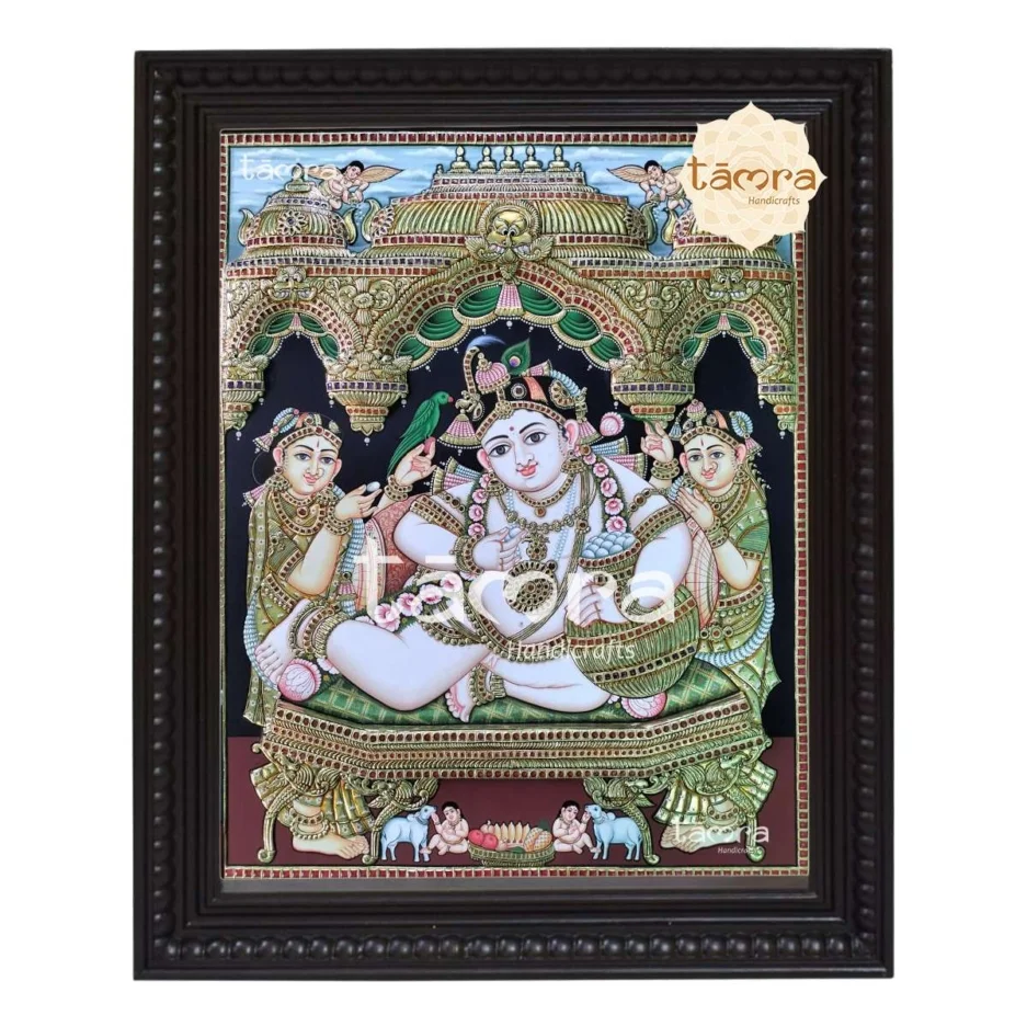 Krishna With Rukmini And Satyabhama Tanjore Painting
