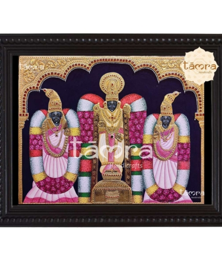 Srinivasa With Sridevi and Bhudevi Tanjore Painting