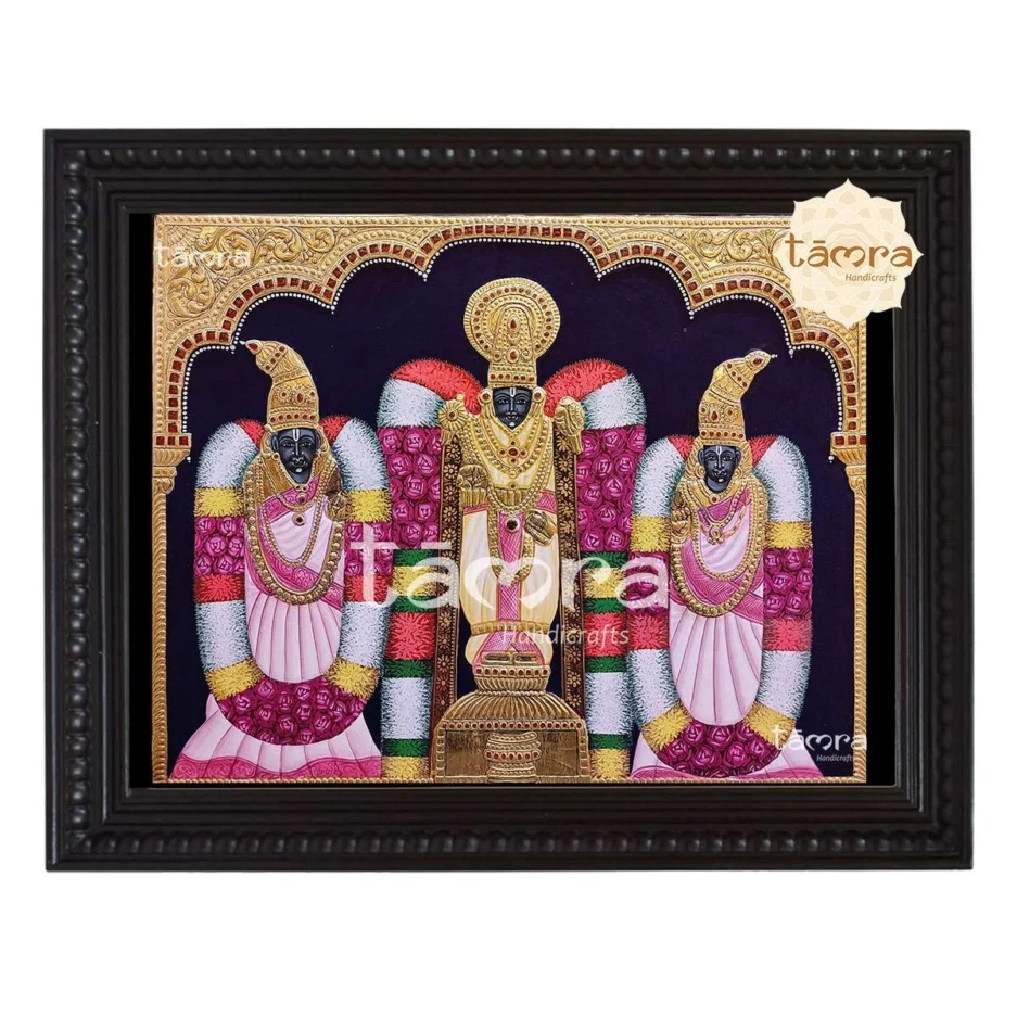 Srinivasa With Sridevi and Bhudevi Tanjore Painting
