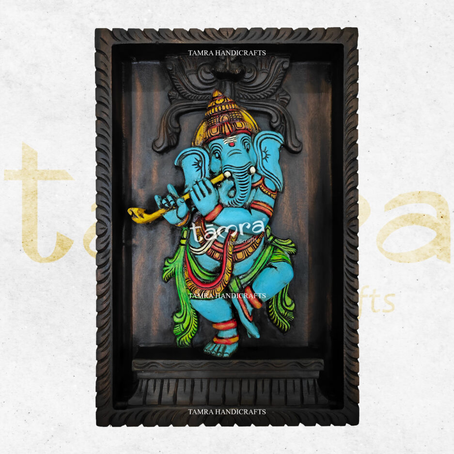 Wooden Dancing Ganesha With Flute Panel