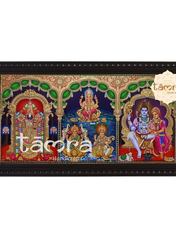 Tanjore Painting - Panel of Balaji, Shiva & Parvathi, Ganesha, Laxmi & Saraswathi