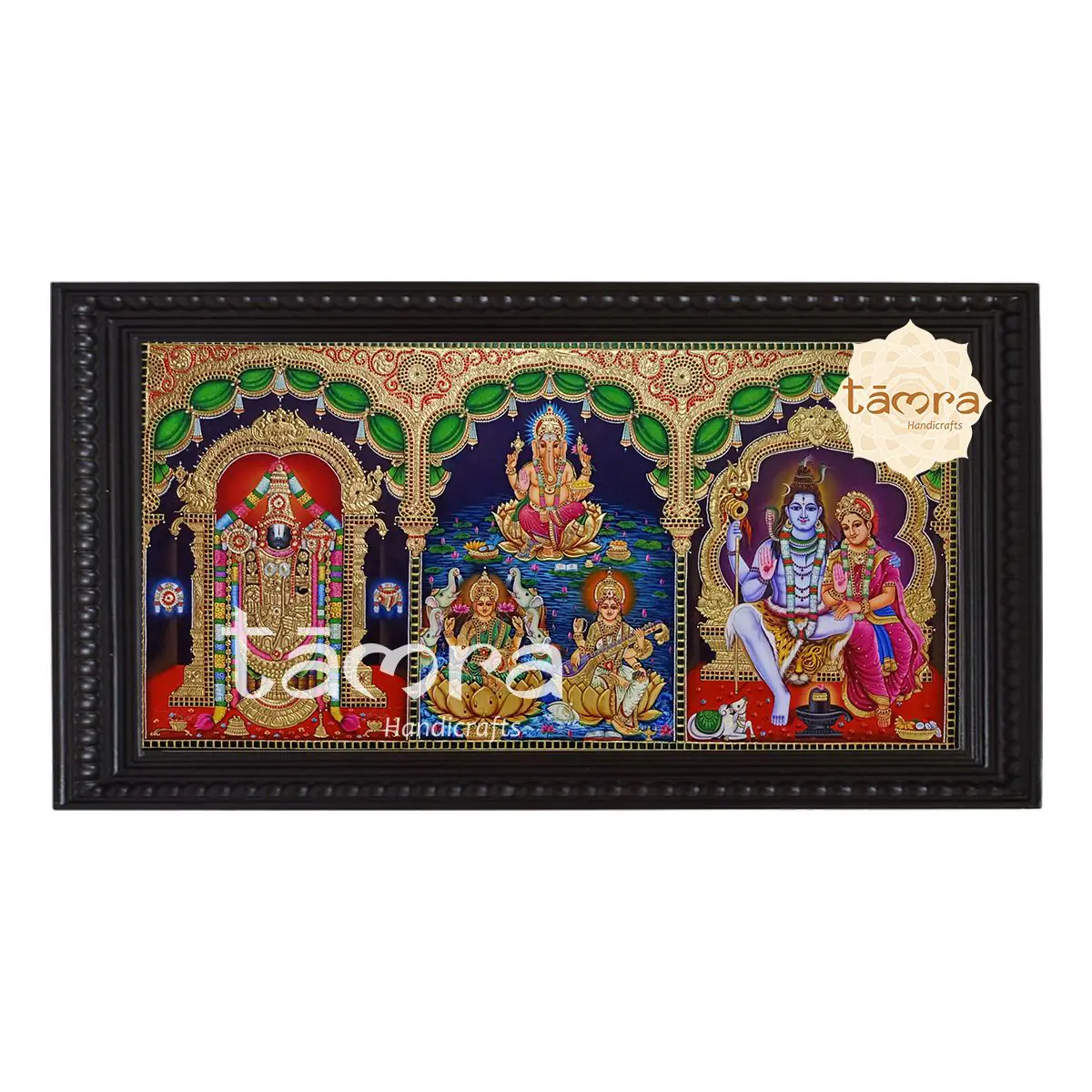 Tanjore Painting - Panel of Balaji, Shiva & Parvathi, Ganesha, Laxmi & Saraswathi