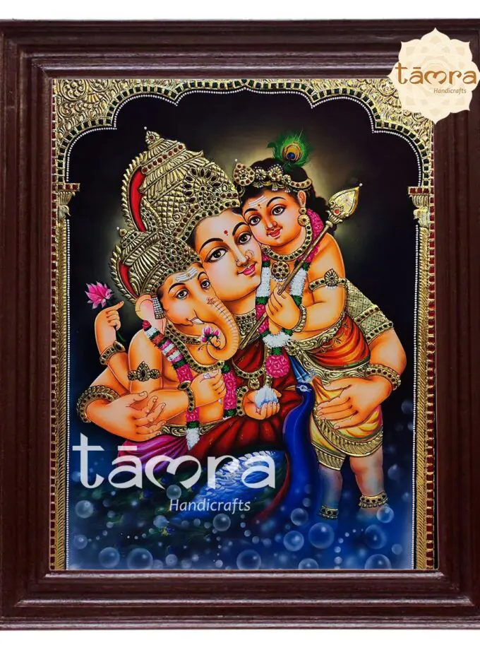 Tanjore Painting - Ganesha With Parvathi & Muruganswamy