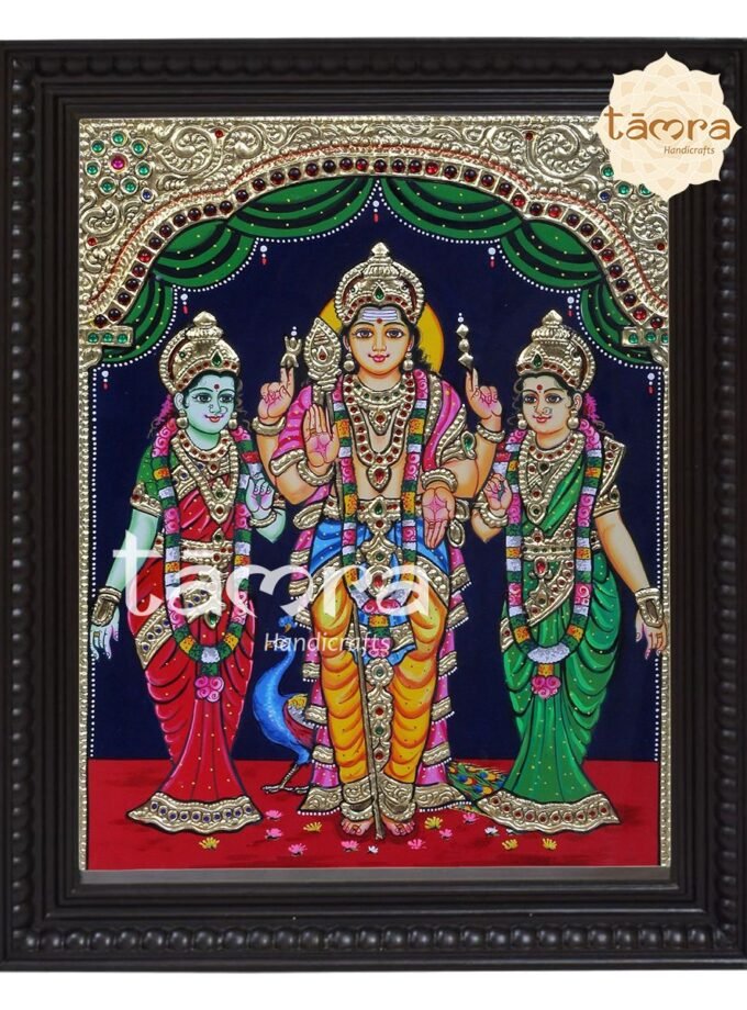 Tanjore Painting - Murugan Swamy With Devasana & Valli Devi