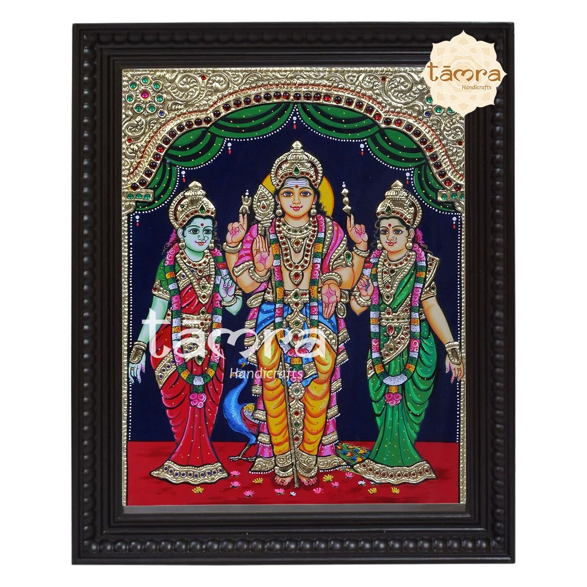 Tanjore Painting - Murugan Swamy With Devasana & Valli Devi