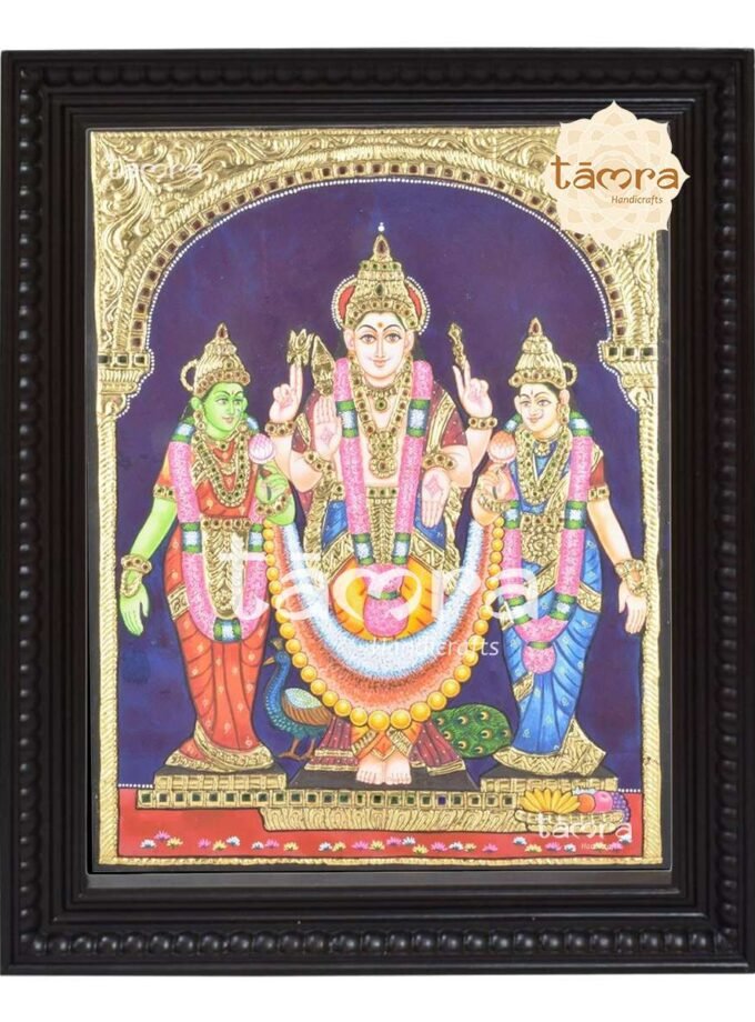 Tanjore Painting - Murugan Swamy With Devasana & Valli Devi