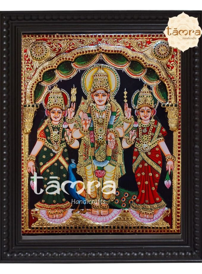 Tanjore Painting - Murugan Swamy With Devasana & Valli Devi