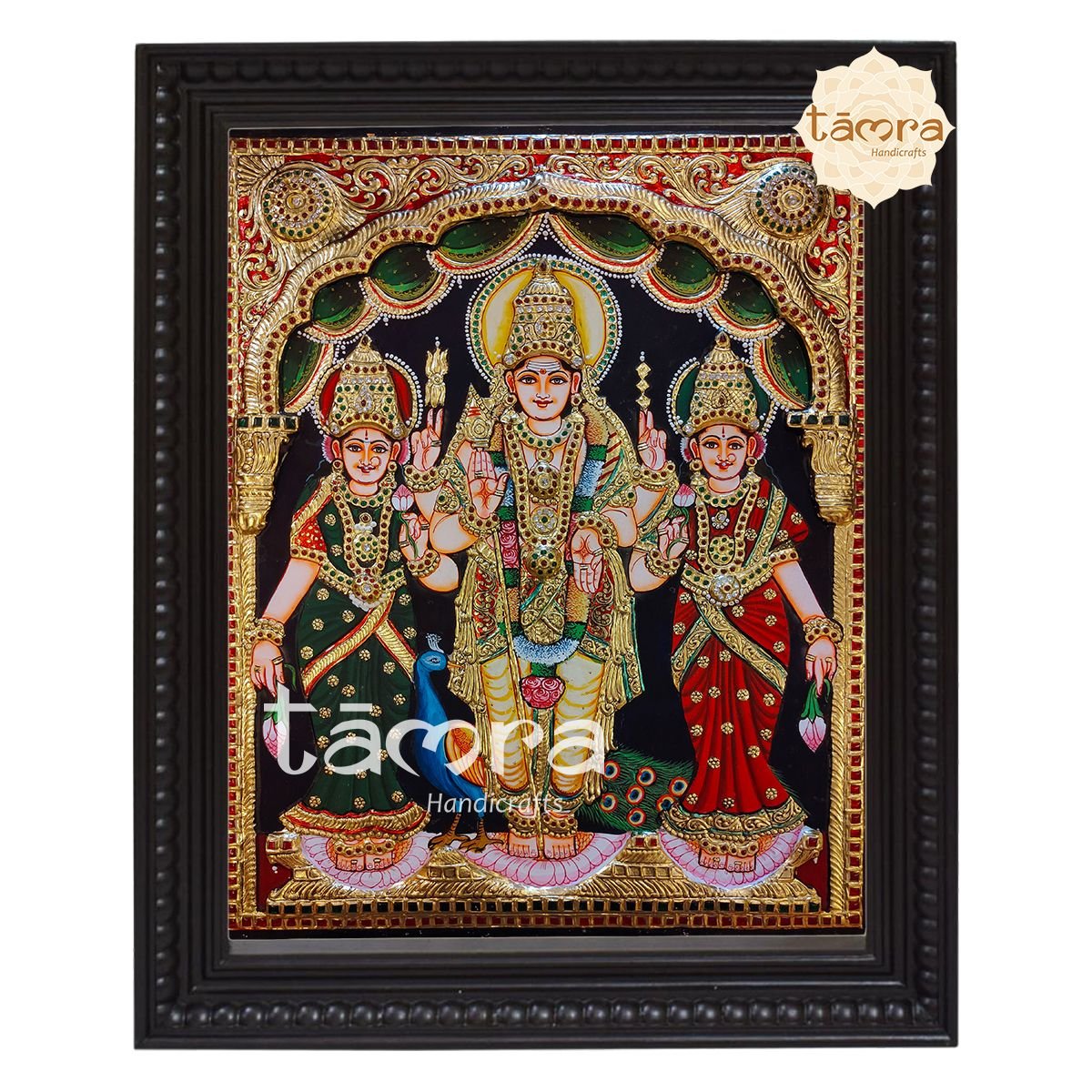 Tanjore Painting - Murugan Swamy With Devasana & Valli Devi