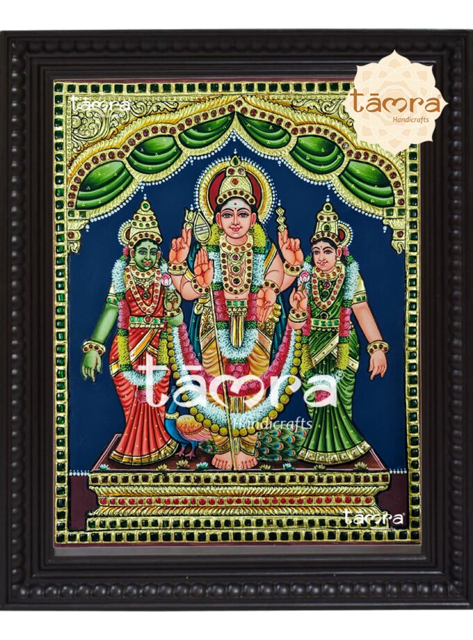 Tanjore Painting - Murugan Swamy With Devasana & Valli Devi