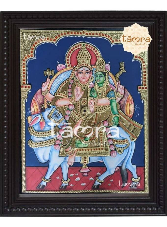 Tanjore Painting - Shiva Parvathi Sitting on Nandi
