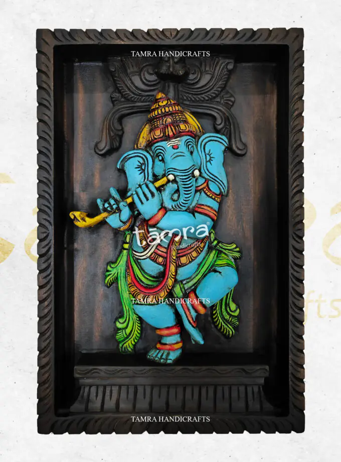 Wooden Dancing Ganesha With Flute Panel